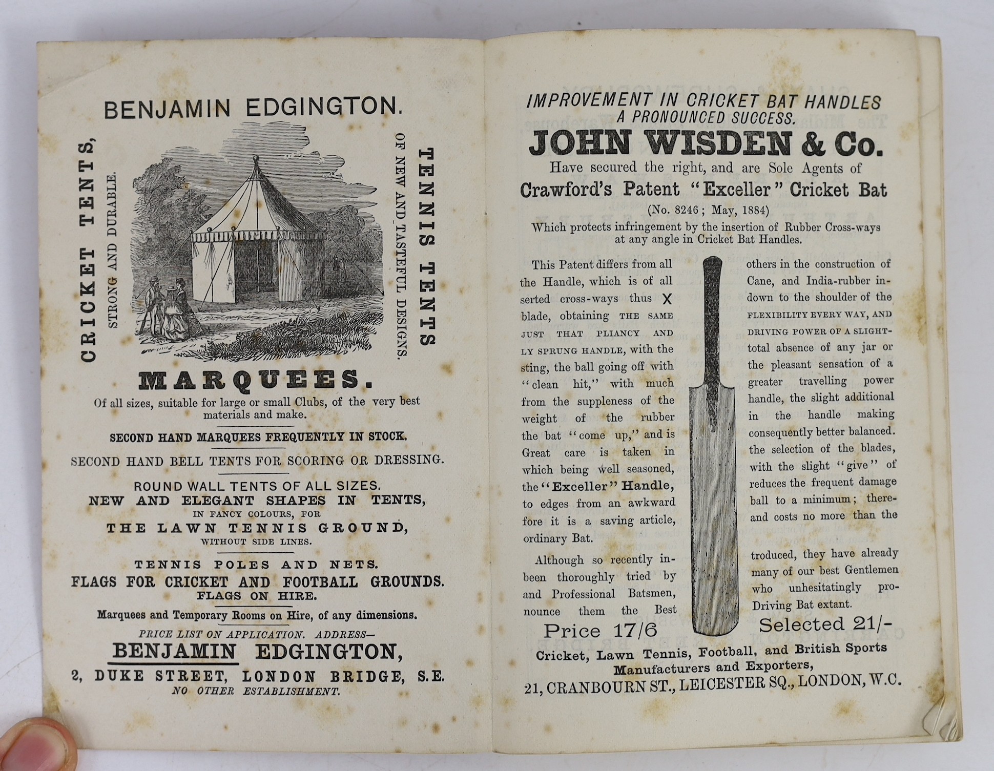 Wisden, John - Cricketers’ Almanack for 1885, 22nd edition, original paper wrappers, 2cm. tear to upper spine, but paper present, spotting to early advertisements, title, page edges and endpapers.
